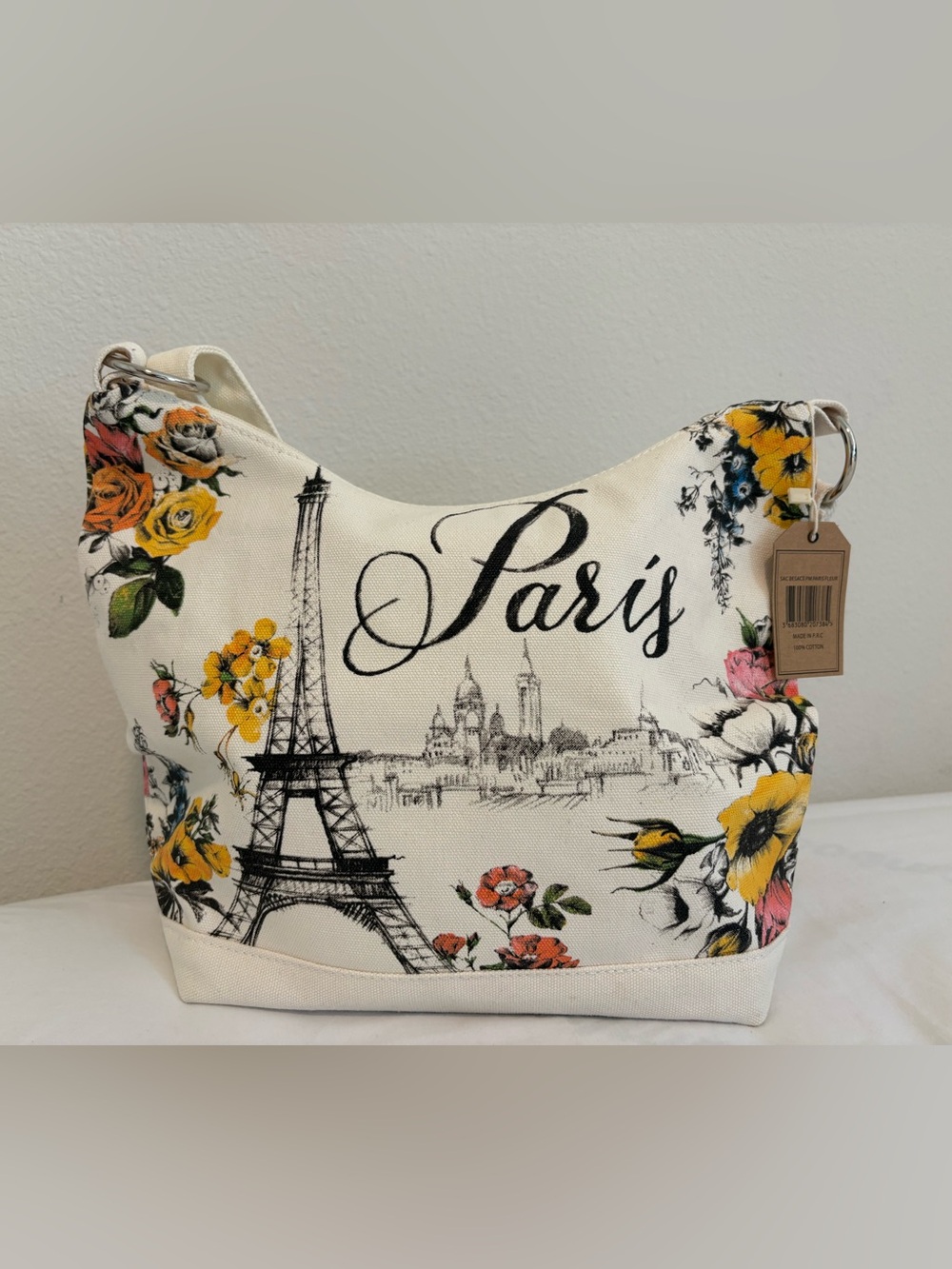 Cream Floral 'Paris' Canvas Shoulder Bag with Yellow Accents